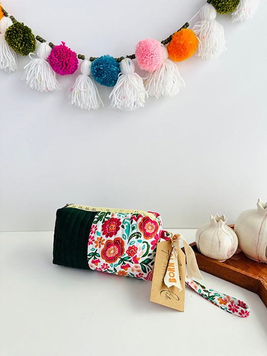 Quilted handmade pouch with wristlet- Day Dream Print