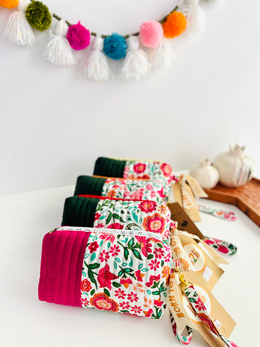 Quilted handmade pouch with wristlet- Day Dream Print