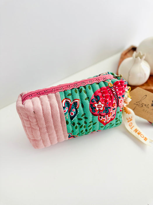 Quilted handmade pouch with wristlet- Butterfly Haven Print