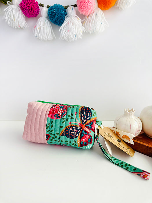 Quilted handmade pouch with wristlet- Butterfly Haven Print