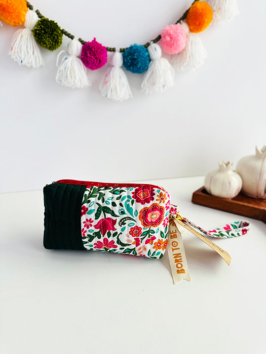 Quilted handmade pouch with wristlet- Day Dream Print