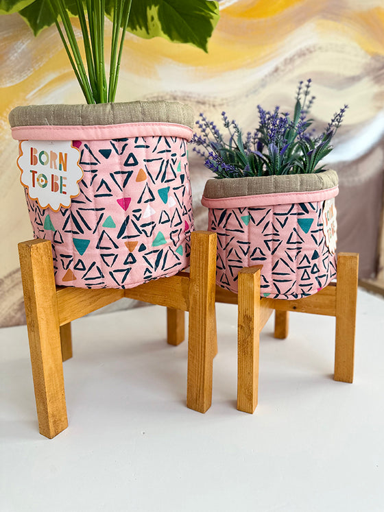 Planter basket with wooden stand- Blush