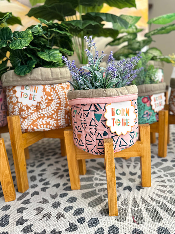 Planter basket with wooden stand- Blush